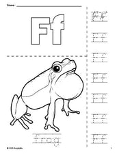 Free printable frog coloring page and letter tracing worksheet, letter f worksheet for preschool, pre-k, and kindergarten, PDF