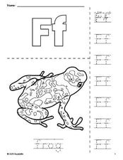 Free printable frog coloring page and letter tracing worksheet, letter f worksheet for preschool, pre-k, and kindergarten, PDF