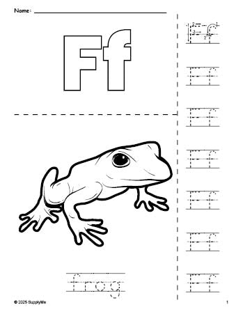 Free printable frog coloring page and letter tracing worksheet, letter f worksheet for preschool, pre-k, and kindergarten, PDF