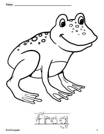 Free printable frog coloring page and word tracing worksheet, letter formation guides, perfect for preschool, pre-k, and kindergarten, PDF