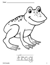 Free printable frog coloring page and word tracing worksheet, letter formation guides, perfect for preschool, pre-k, and kindergarten, PDF