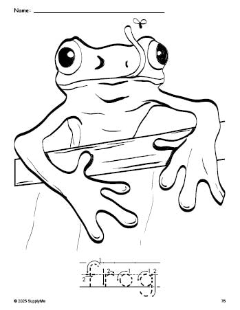 Free printable frog coloring page and word tracing worksheet, letter formation guides, perfect for preschool, pre-k, and kindergarten, PDF