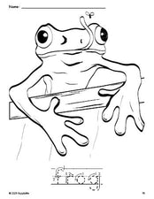 Free printable frog coloring page and word tracing worksheet, letter formation guides, perfect for preschool, pre-k, and kindergarten, PDF