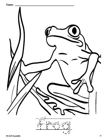 Free printable frog coloring page and word tracing worksheet, letter formation guides, perfect for preschool, pre-k, and kindergarten, PDF