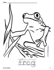 Free printable frog coloring page and word tracing worksheet, letter formation guides, perfect for preschool, pre-k, and kindergarten, PDF