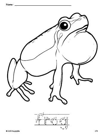 Free printable frog coloring page and word tracing worksheet, letter formation guides, perfect for preschool, pre-k, and kindergarten, PDF