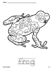 Free printable frog coloring page and word tracing worksheet, letter formation guides, perfect for preschool, pre-k, and kindergarten, PDF