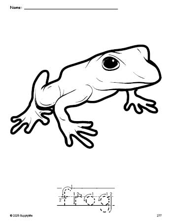 Free printable frog coloring page and word tracing worksheet, letter formation guides, perfect for preschool, pre-k, and kindergarten, PDF