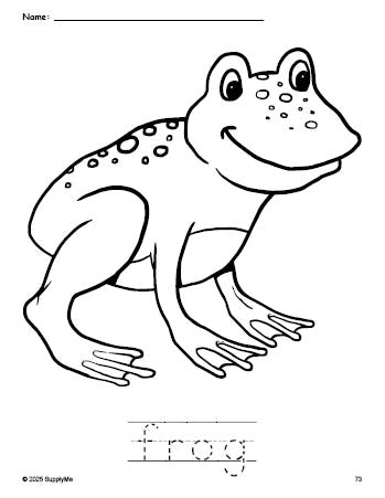 Free printable frog coloring page and word tracing worksheet, perfect for preschool, pre-k, and kindergarten, PDF