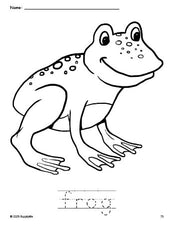 Free printable frog coloring page and word tracing worksheet, perfect for preschool, pre-k, and kindergarten, PDF