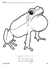 Free printable frog coloring page and word tracing worksheet, perfect for preschool, pre-k, and kindergarten, PDF