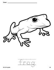 Free printable frog coloring page and word tracing worksheet, perfect for preschool, pre-k, and kindergarten, PDF