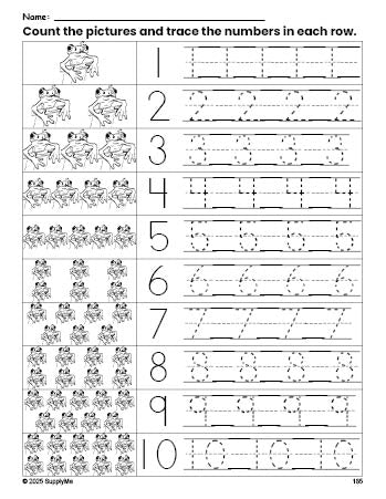 Free printable frog counting worksheet for preschool and pre-k with number tracing practice 1-10, PDF