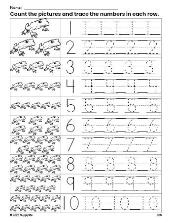 Free printable frog counting worksheet for preschool and pre-k with number tracing practice 1-10, PDF