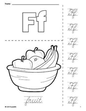 Free printable fruit Thanksgiving coloring page and cursive letter tracing worksheet, letter f worksheet for preschool, pre-k, and kindergarten, PDF