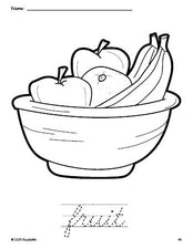 Free printable fruit Thanksgiving coloring page and cursive word tracing worksheet, perfect for preschool, pre-k, and kindergarten, PDF