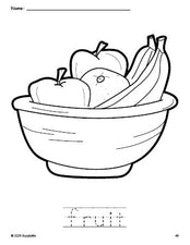 Free printable fruit Thanksgiving coloring page and word tracing worksheet, perfect for preschool, pre-k, and kindergarten, PDF