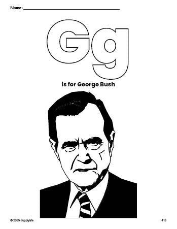 Free printable George Bush Presidents' Day coloring page, letter g coloring page for preschool, pre-k, and kindergarten, PDF