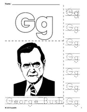 Free printable George Bush Presidents' Day coloring page and letter tracing worksheet, letter g worksheet for preschool, pre-k, and kindergarten, PDF