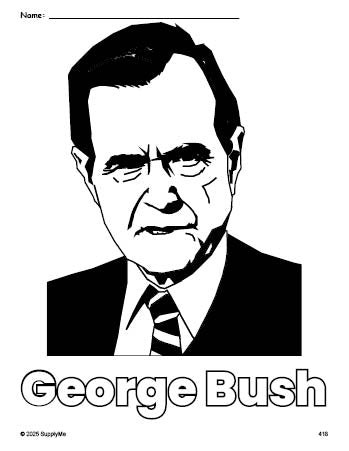 Free printable George Bush Presidents' Day coloring page for preschool, pre-k, and kindergarten, PDF