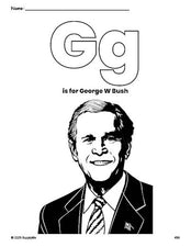 Free printable George W Bush Presidents' Day coloring page, letter g coloring page for preschool, pre-k, and kindergarten, PDF