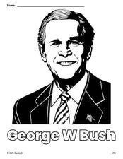 Free printable George W Bush Presidents' Day coloring page for preschool, pre-k, and kindergarten, PDF