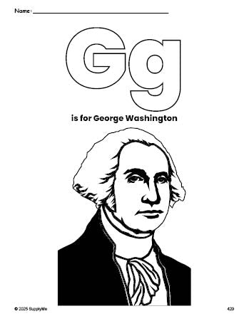 Free printable George Washington Presidents' Day coloring page, letter g coloring page for preschool, pre-k, and kindergarten, PDF