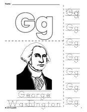 Free printable George Washington Presidents' Day coloring page and letter tracing worksheet, letter g worksheet for preschool, pre-k, and kindergarten, PDF