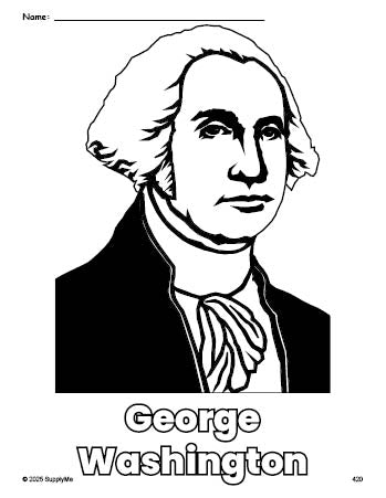 Free printable George Washington Presidents' Day coloring page for preschool, pre-k, and kindergarten, PDF