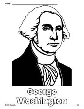 Free printable George Washington Presidents' Day coloring page for preschool, pre-k, and kindergarten, PDF