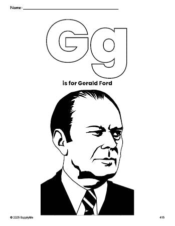 Free printable Gerald Ford Presidents' Day coloring page, letter g coloring page for preschool, pre-k, and kindergarten, PDF