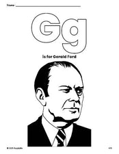 Free printable Gerald Ford Presidents' Day coloring page, letter g coloring page for preschool, pre-k, and kindergarten, PDF