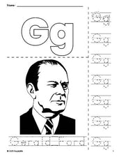 Free printable Gerald Ford Presidents' Day coloring page and letter tracing worksheet, letter g worksheet for preschool, pre-k, and kindergarten, PDF