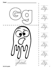 Free printable ghost Halloween coloring page and cursive letter tracing worksheet, letter g worksheet for preschool, pre-k, and kindergarten, PDF