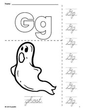 Free printable ghost Halloween coloring page and cursive letter tracing worksheet, letter g worksheet for preschool, pre-k, and kindergarten, PDF