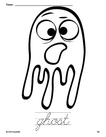 Free printable ghost Halloween coloring page and cursive word tracing worksheet, perfect for preschool, pre-k, and kindergarten, PDF