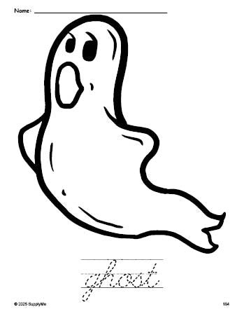 Free printable ghost Halloween coloring page and cursive word tracing worksheet, perfect for preschool, pre-k, and kindergarten, PDF