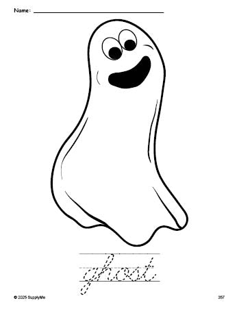 Free printable ghost Halloween coloring page and cursive word tracing worksheet, perfect for preschool, pre-k, and kindergarten, PDF