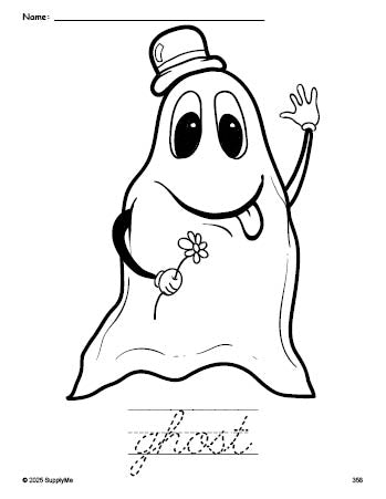 Free printable ghost Halloween coloring page and cursive word tracing worksheet, perfect for preschool, pre-k, and kindergarten, PDF