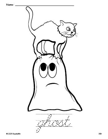 Free printable ghost Halloween coloring page and cursive word tracing worksheet, perfect for preschool, pre-k, and kindergarten, PDF