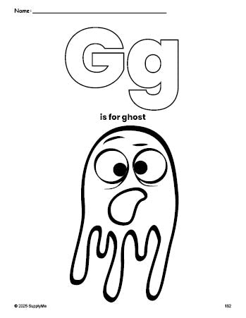 Free printable ghost Halloween coloring page, letter g coloring page for preschool, pre-k, and kindergarten, PDF