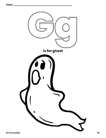 Free printable ghost Halloween coloring page, letter g coloring page for preschool, pre-k, and kindergarten, PDF