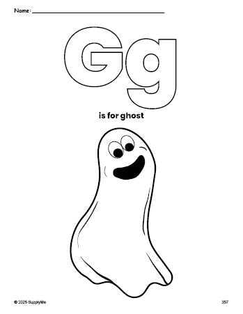 Free printable ghost Halloween coloring page, letter g coloring page for preschool, pre-k, and kindergarten, PDF