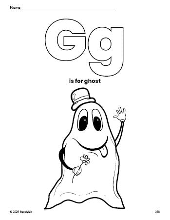 Free printable ghost Halloween coloring page, letter g coloring page for preschool, pre-k, and kindergarten, PDF