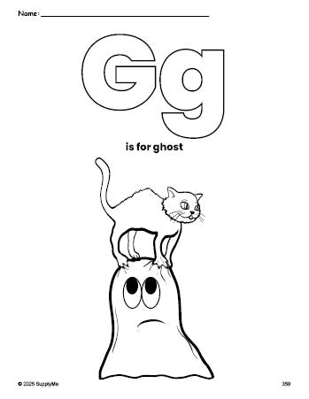 Free printable ghost Halloween coloring page, letter g coloring page for preschool, pre-k, and kindergarten, PDF