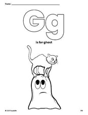 Free printable ghost Halloween coloring page, letter g coloring page for preschool, pre-k, and kindergarten, PDF