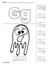 Free printable ghost Halloween coloring page and letter tracing worksheet, letter g worksheet for preschool, pre-k, and kindergarten, PDF