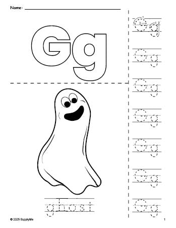 Free printable ghost Halloween coloring page and letter tracing worksheet, letter g worksheet for preschool, pre-k, and kindergarten, PDF