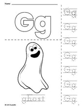 Free printable ghost Halloween coloring page and letter tracing worksheet, letter g worksheet for preschool, pre-k, and kindergarten, PDF