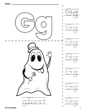 Free printable ghost Halloween coloring page and letter tracing worksheet, letter g worksheet for preschool, pre-k, and kindergarten, PDF